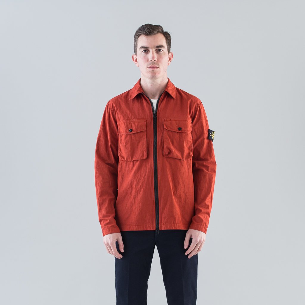 COTTON NYLON POPLIN CARGO OVERSHIRT - BRICK RED
